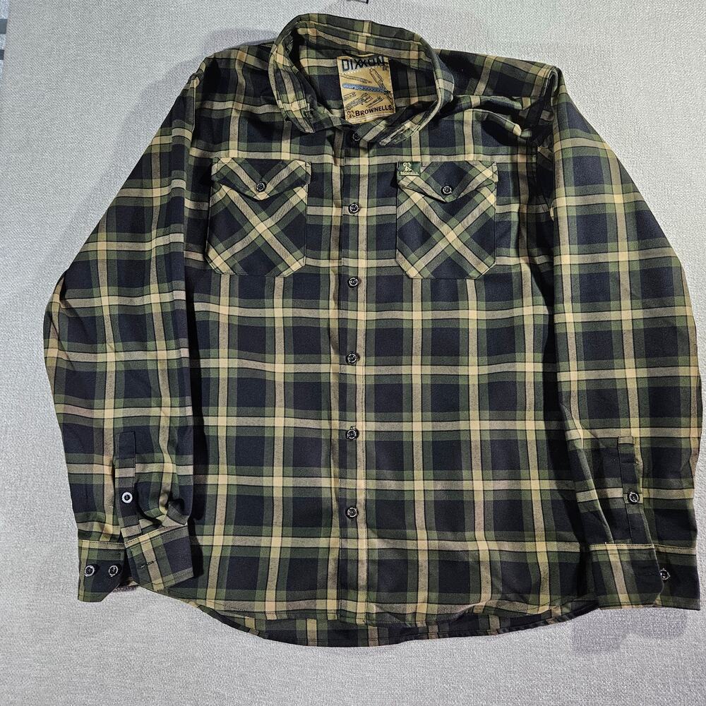 Dixxon Brownells Flannel Shirt Mens 2XL Green Black Tan Plaid